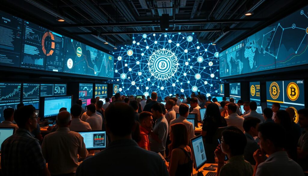 A bustling crypto community hub, illuminated by the soft glow of digital screens. In the foreground, a diverse group of investors, developers, and enthusiasts engaged in lively discussions, analyzing charts and exchanging ideas. The middle ground showcases an array of innovative projects, each represented by distinct visual cues - sleek user interfaces, intricate blockchain visualizations, and vibrant cryptocurrency logos. The background is a kaleidoscope of interconnected nodes, representing the complex web of the cryptocurrency ecosystem. The scene is captured with a wide-angle lens, highlighting the scope and interconnectedness of the crypto community, bathed in a warm, welcoming light that conveys a sense of collaboration and forward momentum.