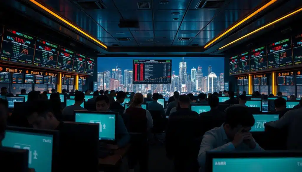 A bustling crypto trading floor, dimly lit with neon accents. In the foreground, a group of investors intently watching screens, their expressions a mix of excitement and concern. In the middle, a central display board flashes data on market cycles, price fluctuations, and investor sentiment. In the background, a sweeping panoramic view of a vibrant city skyline, symbolic of the global nature of the cryptocurrency markets. The scene is captured with a cinematic wide-angle lens, highlighting the tension and dynamism of the crypto trading environment.
