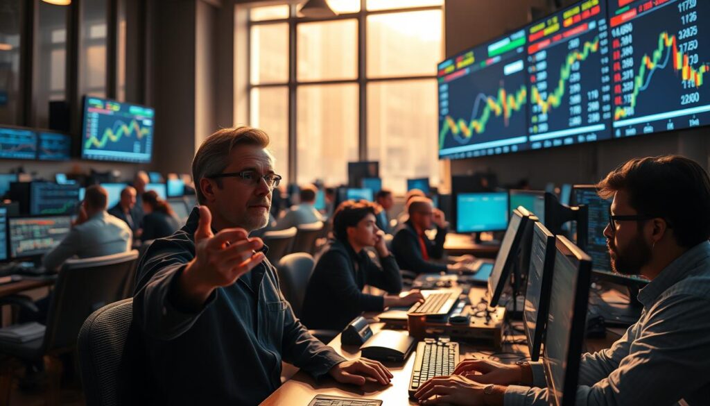 A bustling crypto trading floor in a bull market, with traders eagerly monitoring their screens, ready to capitalize on the upward momentum. The room is bathed in a warm, optimistic glow from the large windows, casting a soft light on the focused expressions of the analysts. In the foreground, a seasoned trader gestures enthusiastically, outlining their strategy for the impending rally, while their colleagues nod in agreement, their fingers poised on the keyboards, ready to execute trades. The middle ground is a blur of activity, with screens displaying candlestick charts and news feeds, as the traders make split-second decisions. In the background, a large digital display showcases the soaring prices of various cryptocurrencies, instilling a sense of excitement and anticipation.
