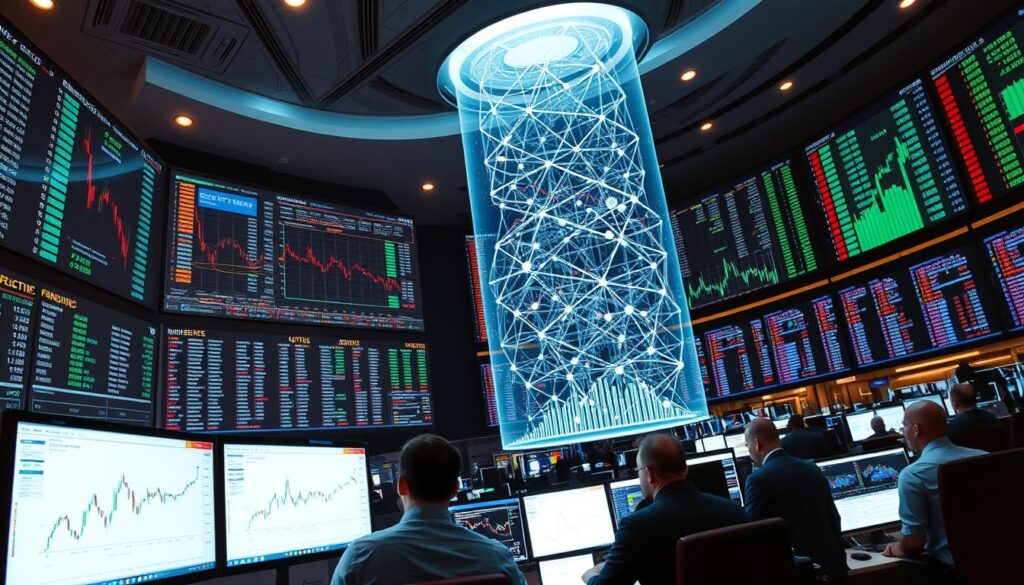 A bustling crypto trading floor, where screens display real-time price charts and order books. In the foreground, traders intently analyze the complex web of crypto derivatives, studying the intricate interplay of futures, options, and swaps. The middle ground features a towering holographic display, projecting a comprehensive visualization of the price discovery process, highlighting the impacts of derivatives trading on the broader crypto markets. The background is bathed in a soft, ethereal glow, conveying the sense of a dynamic, ever-evolving financial landscape. Crisp, high-resolution details capture the intensity and precision of this technical, data-driven environment.