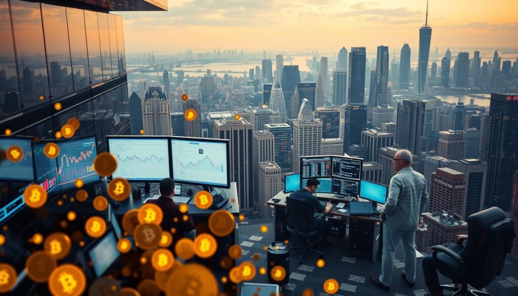 A bustling cryptocurrency exchange market, segmented by jurisdictions and regulatory landscapes. In the foreground, digital assets float amidst a sea of data visualizations, charts, and graphs. In the middle ground, traders and analysts scrutinize screens, making decisions under the glow of neon-lit interfaces. The background depicts a panoramic cityscape, skyscrapers and towers representing the global financial centers where these exchanges operate. Warm, diffused lighting casts a contemplative mood, highlighting the complexities and interconnections of this dynamic digital economy.