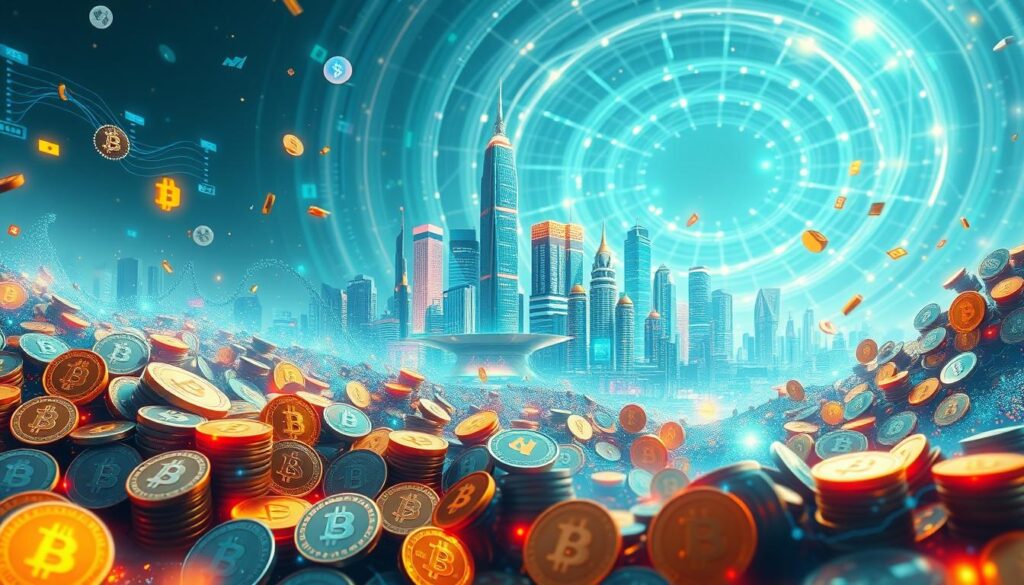 A bustling digital landscape of altcoins and emerging crypto tokens, illuminated by a vibrant display of holographic price charts and data visualizations. In the foreground, a diverse array of virtual currencies float and shimmer, each with its own distinct hue and texture. In the middle ground, a cluster of futuristic towers and skyscrapers, their facades adorned with ever-changing cryptocurrency symbols and logos. The background is a swirling vortex of digital energy, pulsing with the rhythm of the blockchain. The scene is bathed in a cool, ethereal light, conveying a sense of technological sophistication and the untapped potential of the decentralized finance ecosystem. A bustling digital landscape of altcoins and emerging crypto tokens, illuminated by a vibrant display of holographic price charts and data visualizations. In the foreground, a diverse array of virtual currencies float and shimmer, each with its own distinct hue and texture. In the middle ground, a cluster of futuristic towers and skyscrapers, their facades adorned with ever-changing cryptocurrency symbols and logos. The background is a swirling vortex of digital energy, pulsing with the rhythm of the blockchain. The scene is bathed in a cool, ethereal light, conveying a sense of technological sophistication and the untapped potential of the decentralized finance ecosystem.