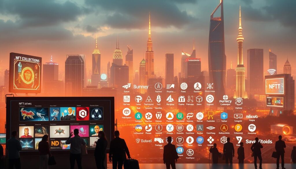 A bustling digital landscape showcasing a variety of NFT marketplaces and platforms. In the foreground, a large interactive display showcases different NFT collections, with users browsing and interacting with the digital artworks. In the middle ground, various icons and logos representing popular NFT platforms are arranged in a grid-like formation, hinting at the diverse ecosystem. The background features a futuristic cityscape, with towering skyscrapers and glowing neon lights, creating a sense of technological advancement and innovation. The scene is illuminated by a warm, diffused lighting, casting a soft, inviting glow over the entire composition. The overall mood is one of exploration, discovery, and the endless possibilities of the NFT world. A bustling digital landscape showcasing a variety of NFT marketplaces and platforms. In the foreground, a large interactive display showcases different NFT collections, with users browsing and interacting with the digital artworks. In the middle ground, various icons and logos representing popular NFT platforms are arranged in a grid-like formation, hinting at the diverse ecosystem. The background features a futuristic cityscape, with towering skyscrapers and glowing neon lights, creating a sense of technological advancement and innovation. The scene is illuminated by a warm, diffused lighting, casting a soft, inviting glow over the entire composition. The overall mood is one of exploration, discovery, and the endless possibilities of the NFT world.