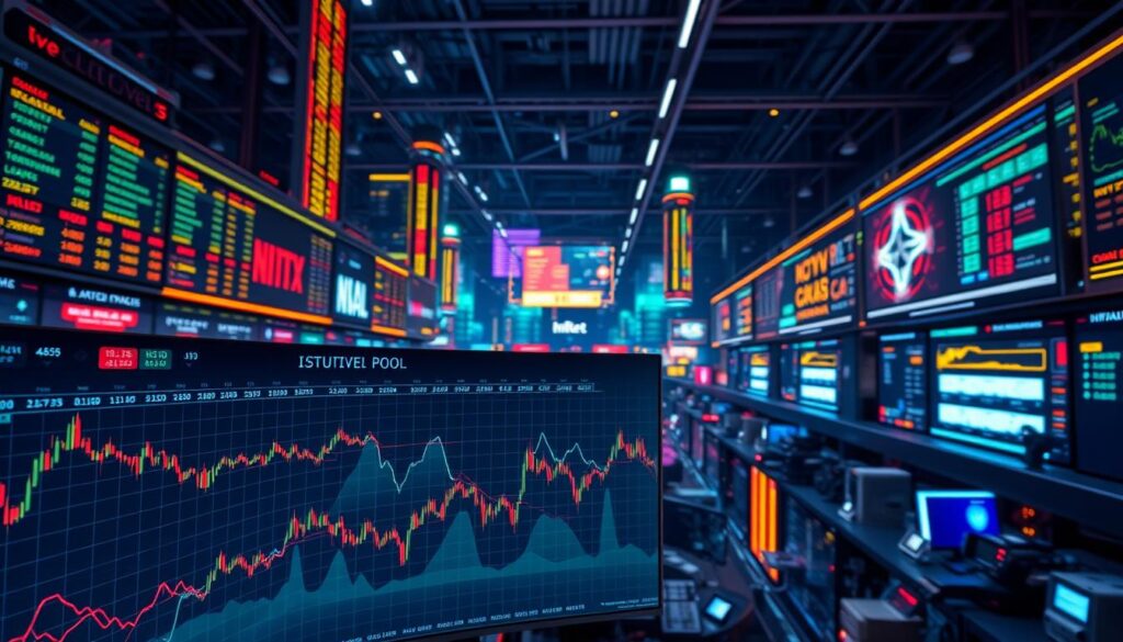 A bustling digital marketplace with a vibrant array of liquidity pools, automated market makers orchestrating seamless cryptocurrency trading. In the foreground, a dynamic order book display showcases the real-time fluctuations of token prices, bid-ask spreads, and trading volume. In the middle ground, a network of interconnected protocols and smart contracts power the automated execution of trades, ensuring efficient price discovery. The background is illuminated by a futuristic array of neon-lit data visualizations, highlighting the complex algorithms and analytical tools that drive the liquidity dynamics. The scene conveys a sense of technological sophistication, financial fluidity, and the intricate mechanisms underlying the crypto ecosystem.