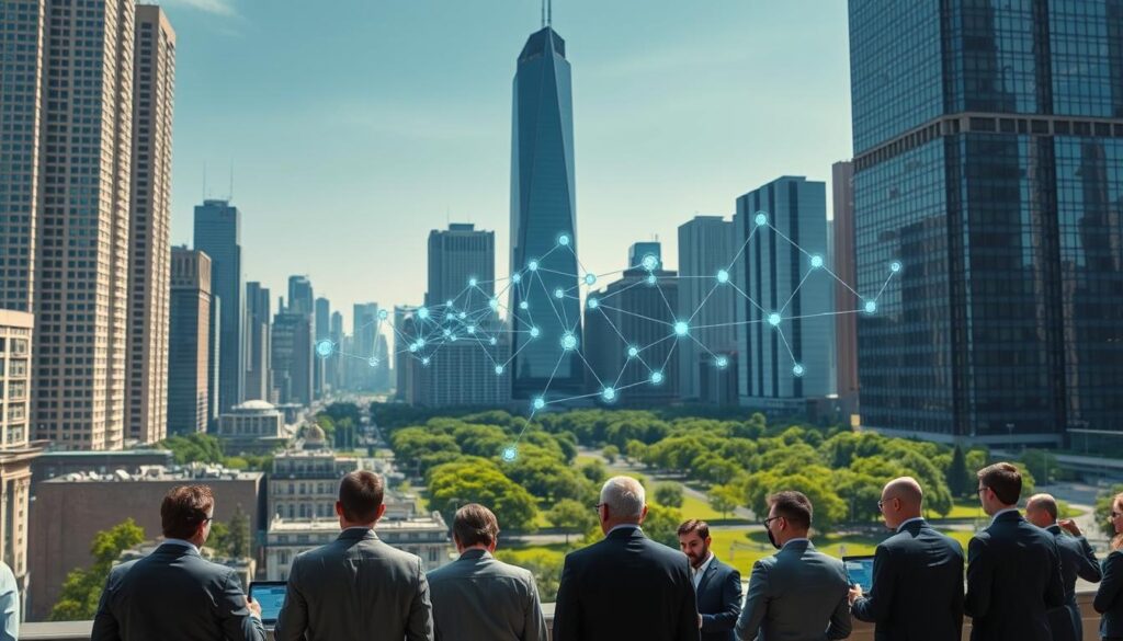 A bustling financial center, with skyscrapers casting long shadows across a cityscape. In the foreground, a group of professionals in suits poring over data on their tablets and laptops, representing the real-world application of oracle systems in the financial industry. In the middle ground, a blockchain node network glowing with activity, symbolizing the integration of AI-enabled oracle systems with distributed ledger technology. In the background, a serene park with lush greenery, suggesting the stability and reliability of these emerging technologies. Lighting is crisp and natural, with a lens that captures the dynamic energy of the scene.