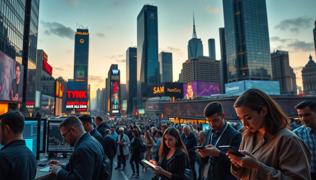 A bustling financial district at dusk, the towering skyscrapers casting long shadows across the bustling streets below. In the foreground, a group of traders intently studying real-time market data on their sleek, high-resolution displays, their expressions reflecting the ebb and flow of the global markets. In the middle ground, a throng of tech-savvy millennials navigating the latest decentralized exchange platform on their mobile devices, their faces illuminated by the glow of their screens. In the distant background, government officials pore over regulatory documents, their brows furrowed as they grapple with the rapidly evolving landscape of digital finance. The scene is bathed in a warm, golden light, conveying a sense of both opportunity and uncertainty. A bustling financial district at dusk, the towering skyscrapers casting long shadows across the bustling streets below. In the foreground, a group of traders intently studying real-time market data on their sleek, high-resolution displays, their expressions reflecting the ebb and flow of the global markets. In the middle ground, a throng of tech-savvy millennials navigating the latest decentralized exchange platform on their mobile devices, their faces illuminated by the glow of their screens. In the distant background, government officials pore over regulatory documents, their brows furrowed as they grapple with the rapidly evolving landscape of digital finance. The scene is bathed in a warm, golden light, conveying a sense of both opportunity and uncertainty.