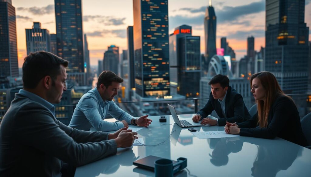 A bustling financial district at dusk, with towering skyscrapers and a vibrant cityscape in the background. In the foreground, a group of professionals gathered around a conference table, intently discussing cryptocurrency trading strategies. The lighting is soft and warm, creating a sense of focus and intensity. The camera angle is slightly elevated, capturing the energy and dynamism of the scene. The mood is one of determined collaboration, as the team works to leverage market making techniques to drive successful token adoption. The attention to detail and technical expertise is palpable, hinting at the complex financial mechanisms at play.