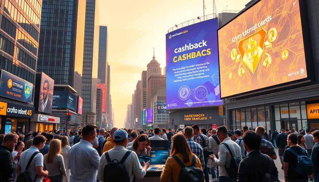 A bustling financial district in the year 2025, with towering skyscrapers and a vibrant skyline. In the foreground, a group of people gathered around a display showcasing the latest crypto credit card offerings. Sleek, futuristic cards with NFC chips and AR-enabled interfaces are being presented by enthusiastic salespeople. The middle ground features a dynamic mix of pedestrians, some carrying digital wallets and engaged in transactions. In the background, a massive holographic billboard advertises the benefits of NFT-based cashback rewards programs, casting a vibrant glow over the scene. Warm, diffused lighting creates a sense of excitement and technological sophistication, capturing the cutting edge of the evolving crypto credit card market.