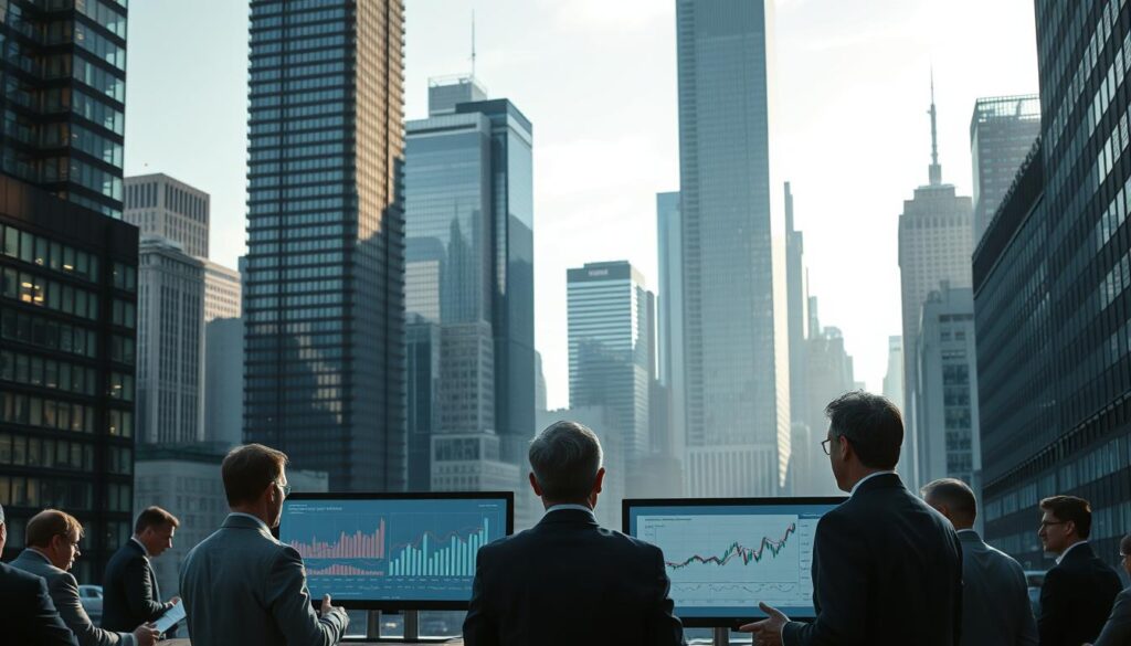 A bustling financial district, towering skyscrapers casting long shadows across a cityscape. In the foreground, a group of well-dressed individuals engaged in animated discussions, charts and graphs projected on sleek digital displays. The atmosphere is one of intense focus and calculated deliberation, as institutional investors navigate the complexities of integrating digital assets into their portfolios. Soft, directional lighting illuminates the scene, creating a sense of gravity and importance. The overall composition conveys the weight and significance of this intersection between traditional finance and the emerging crypto economy.