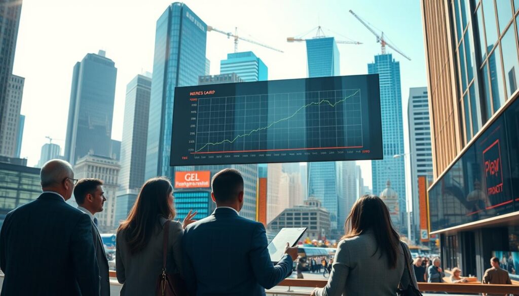 A bustling financial district with skyscrapers and busy streets. In the foreground, a group of well-dressed individuals engaged in lively discussions, gesturing towards charts and graphs. The middle ground features a stock exchange board displaying a stable, upward-trending line graph, conveying a sense of market stability and growth. Diffused natural light filters through the windows, casting a warm, professional atmosphere. The background depicts a cityscape, with a clear blue sky and the silhouettes of crane-topped buildings, suggesting a thriving economic landscape. The overall scene evokes a sense of confidence, prosperity, and the benefits of a stable financial market.