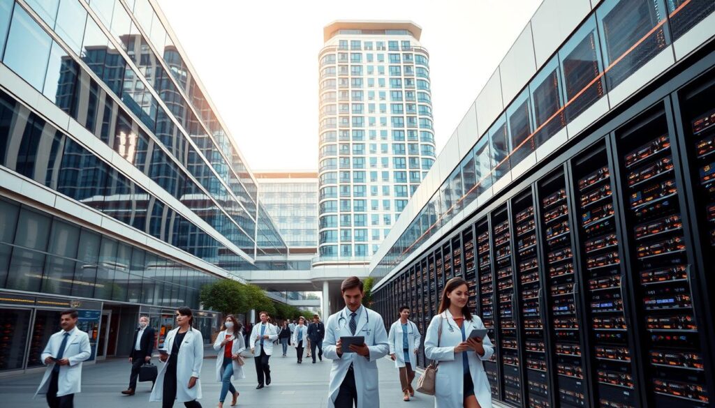 A bustling hospital campus, with a towering modern building at the center. Sleek, glass-paneled facades reflect the sunlight, symbolizing the cutting-edge technology powering blockchain-enabled patient records management. In the foreground, doctors and nurses hurry along, tablets in hand, seamlessly accessing and updating digital patient files. The background reveals rows of server racks, glowing with activity, securely storing and sharing sensitive medical data across a decentralized network. A sense of efficiency, trust, and technological progress permeates the scene, showcasing the real-world transformative impact of blockchain in healthcare.