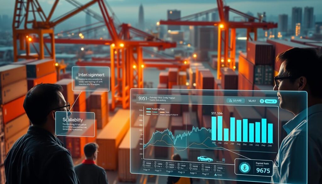 A bustling logistics hub with towering cranes and cargo containers stacked high. In the foreground, a group of professionals engaged in deep discussion, their faces illuminated by the soft glow of holographic displays showcasing various blockchain integration challenges - security, interoperability, scalability. In the middle ground, a sleek, modern supply chain dashboard tracks shipments in real-time, highlighting the potential benefits of blockchain adoption. The background is a cityscape of futuristic skyscrapers, hinting at the transformative power of this emerging technology. The scene conveys a sense of both complexity and optimism, as the logistics industry grapples with the obstacles to embracing blockchain solutions.