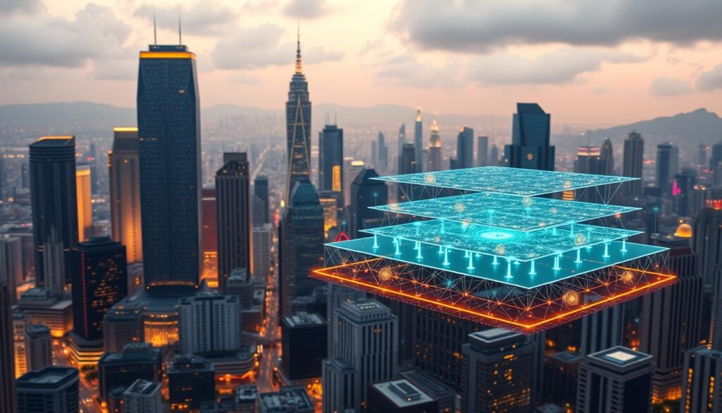 A bustling metropolis set against a vibrant, futuristic landscape, with towering skyscrapers adorned with intricate blockchain-inspired patterns. In the foreground, a series of distinct digital layers emerge, each representing a different blockchain scaling solution, seamlessly integrated and interacting. Shimmering lines of data flow between these layers, conveying the seamless interoperability and scalability of the network. The scene is bathed in a warm, ambient lighting, creating a sense of technological harmony and progress. The camera angle is slightly elevated, allowing the viewer to take in the entirety of this advanced, layered blockchain ecosystem. A bustling metropolis set against a vibrant, futuristic landscape, with towering skyscrapers adorned with intricate blockchain-inspired patterns. In the foreground, a series of distinct digital layers emerge, each representing a different blockchain scaling solution, seamlessly integrated and interacting. Shimmering lines of data flow between these layers, conveying the seamless interoperability and scalability of the network. The scene is bathed in a warm, ambient lighting, creating a sense of technological harmony and progress. The camera angle is slightly elevated, allowing the viewer to take in the entirety of this advanced, layered blockchain ecosystem.