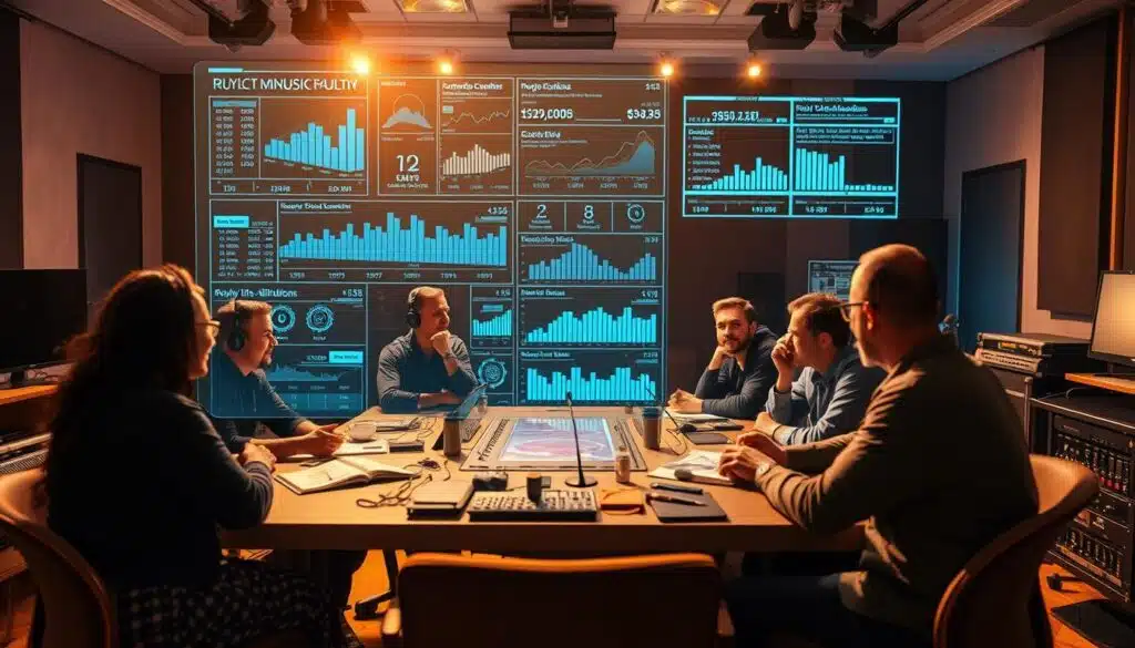A bustling music studio where traditional royalty distribution challenges are being resolved. In the foreground, a group of artists, producers, and music industry professionals engage in a lively discussion around a table, their expressions focused and determined. The middle ground features a large holographic display showcasing complex financial data and royalty distribution algorithms. The background is bathed in a warm, golden light, creating a sense of progress and innovation. The scene is captured through a wide-angle lens, emphasizing the collaborative nature of the task at hand, as the team works together to find new solutions to an age-old problem.