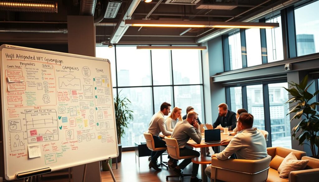 A bustling office space with a team of professionals strategizing and planning for a highly anticipated NFT giveaway campaign. The foreground features a large whiteboard covered in colorful notes, diagrams, and sketches, reflecting the collaborative brainstorming process. In the middle ground, a group of people - marketers, designers, and developers - huddled around a conference table, deep in discussion, their expressions focused and determined. The background showcases a modern, tech-savvy environment with sleek furniture, large windows, and a hint of the city skyline outside, conveying a sense of innovation and forward-thinking. Warm, directional lighting illuminates the scene, creating a productive and inspirational atmosphere.