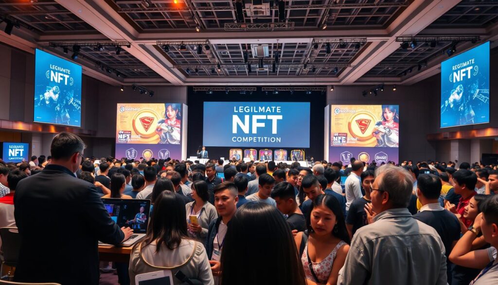 A bustling scene of a legitimate NFT competition, showcased in a well-lit, modern convention center. The foreground features a panel of judges evaluating a range of unique digital artworks displayed on high-resolution screens. In the middle ground, a crowd of enthusiastic participants eagerly submit their entries, their faces filled with anticipation. The background depicts a sleek, minimalist stage adorned with the event's branding, creating an air of professionalism and trust. Warm lighting from above casts a positive glow, reinforcing the sense of a legitimate, well-organized competition.