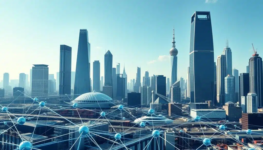 A bustling scene of the blockchain industry in action. In the foreground, a network of interconnected nodes and digital ledgers symbolize the secure and transparent data exchange. The middle ground features various industry applications - a supply chain tracking system, a decentralized finance platform, and a smart contract-enabled real estate transaction. In the background, towering skyscrapers and futuristic cityscapes convey the widespread adoption and integration of blockchain technology. The lighting is crisp and clean, with a sense of technological sophistication. The camera angle is slightly elevated, providing a comprehensive view of the blockchain ecosystem at work.