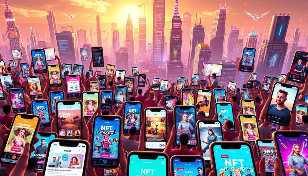 A bustling social media landscape, filled with vibrant digital campaigns showcasing captivating NFT designs. In the foreground, a mosaic of smartphone screens displays various NFT-themed posts, their eye-catching visuals and engaging captions drawing the viewer's attention. In the middle ground, a diverse array of online avatars and influencers interact, sharing and discussing the latest NFT trends. The background depicts a futuristic cityscape, its towering skyscrapers and neon-lit streets reflecting the dynamic, ever-evolving world of digital art and collectibles. The scene is illuminated by a warm, golden light, conveying a sense of excitement and opportunity surrounding the intersection of social media and the NFT ecosystem. A bustling social media landscape, filled with vibrant digital campaigns showcasing captivating NFT designs. In the foreground, a mosaic of smartphone screens displays various NFT-themed posts, their eye-catching visuals and engaging captions drawing the viewer's attention. In the middle ground, a diverse array of online avatars and influencers interact, sharing and discussing the latest NFT trends. The background depicts a futuristic cityscape, its towering skyscrapers and neon-lit streets reflecting the dynamic, ever-evolving world of digital art and collectibles. The scene is illuminated by a warm, golden light, conveying a sense of excitement and opportunity surrounding the intersection of social media and the NFT ecosystem.