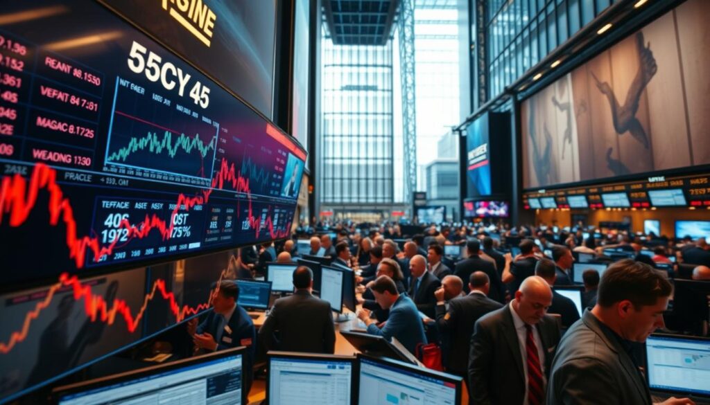 A bustling stock exchange floor, traders gathered around glowing screens, their faces reflecting the intensity of the moment. In the foreground, a large financial chart projects shifting lines and data visualizations, capturing the dynamic market response to the latest interest rate adjustments. The lighting is warm and focused, creating a sense of urgency and high-stakes decision making. The middle ground features a panoramic view of the trading hall, with brokers gesturing animatedly and the hum of computer equipment providing a rhythmic backdrop. In the distance, a towering glass atrium allows natural light to flood the space, illuminating the gravity of the situation and the far-reaching implications of the central bank's monetary policy decisions.