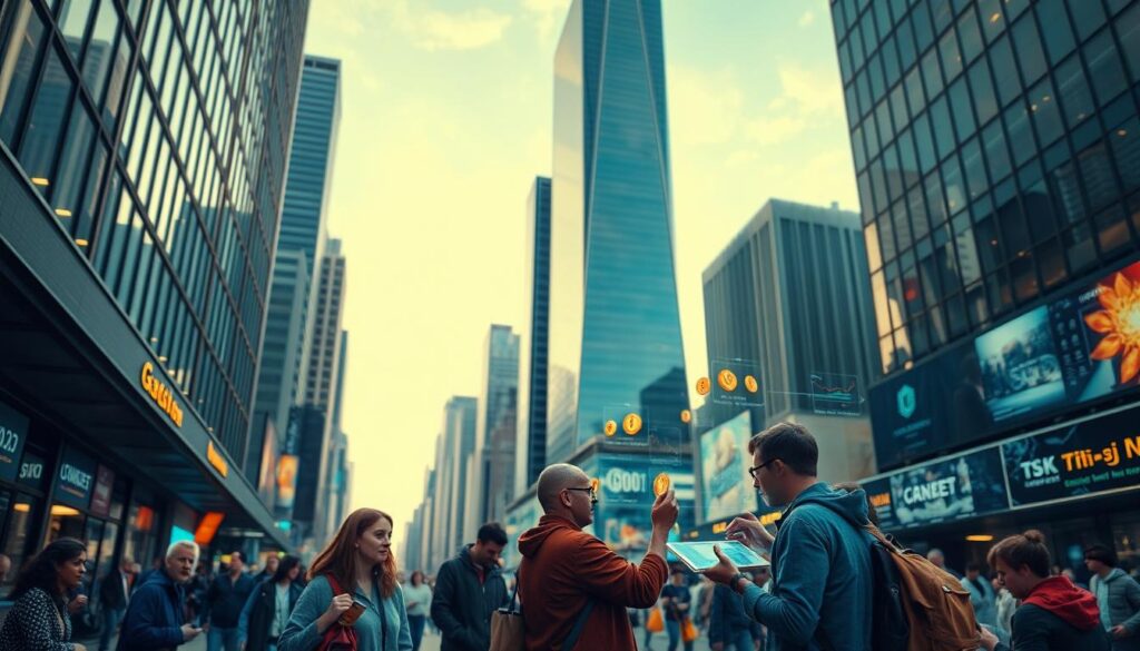 A bustling street scene in a modern city, with towering skyscrapers in the background. In the foreground, a group of individuals are engaged in a cryptocurrency trading exchange, exchanging digital tokens for physical currency and valuable goods. The transaction takes place against a backdrop of holographic displays and digital interfaces, creating a sense of technological convergence. Warm, diffused lighting illuminates the scene, casting a sense of energy and dynamism. The figures are captured in mid-action, their faces and body language conveying a mix of focus, anticipation, and excitement as they navigate the world of decentralized finance. A bustling street scene in a modern city, with towering skyscrapers in the background. In the foreground, a group of individuals are engaged in a cryptocurrency trading exchange, exchanging digital tokens for physical currency and valuable goods. The transaction takes place against a backdrop of holographic displays and digital interfaces, creating a sense of technological convergence. Warm, diffused lighting illuminates the scene, casting a sense of energy and dynamism. The figures are captured in mid-action, their faces and body language conveying a mix of focus, anticipation, and excitement as they navigate the world of decentralized finance.