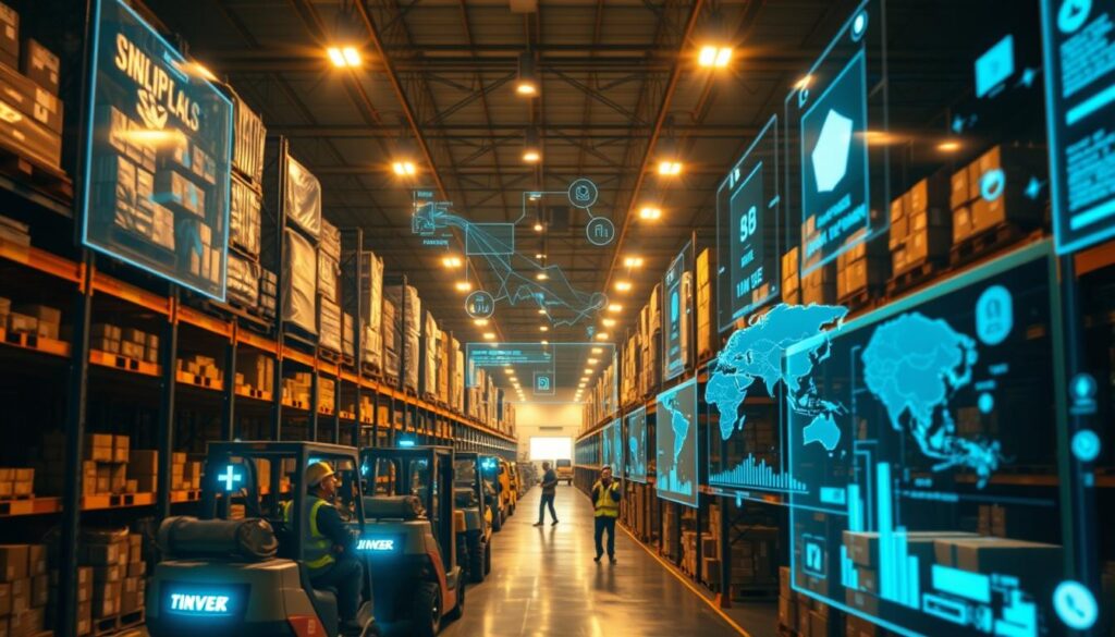 A bustling supply chain warehouse, dimly lit by warm overhead lights, where transparent blockchain interfaces display real-time shipment data on large holographic screens. Forklift operators and logisticians move about, analyzing the intuitive, data-driven visualizations that reveal the journey of each product - from origin to destination. The atmosphere is one of collaboration and trust, as all stakeholders access the same tamper-proof, decentralized ledger to enhance visibility and accountability across the entire logistics network.