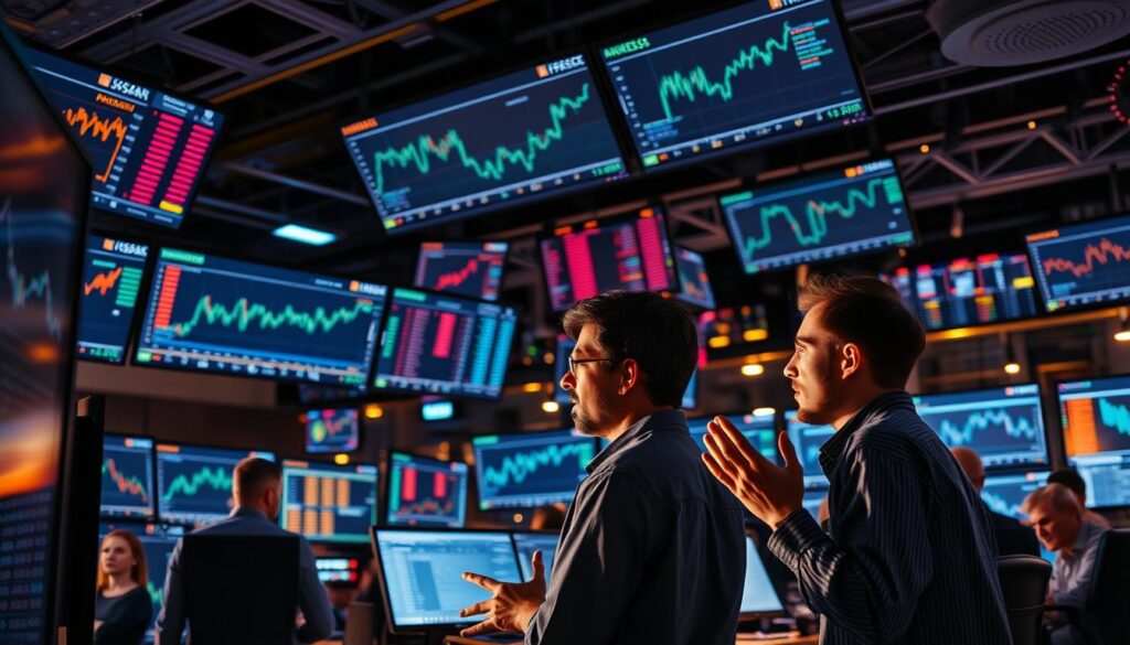 A bustling trading floor, a network of screens displaying crypto charts and analytics dashboards. In the foreground, a team of analysts pore over data, gesturing excitedly as they evaluate project growth potential. Warm lighting casts a contemplative glow, while the background hums with the energy of a thriving crypto ecosystem. The scene conveys a sense of focused diligence, cutting-edge technology, and the pursuit of uncovering the next wave of AI-powered cryptocurrency innovation.