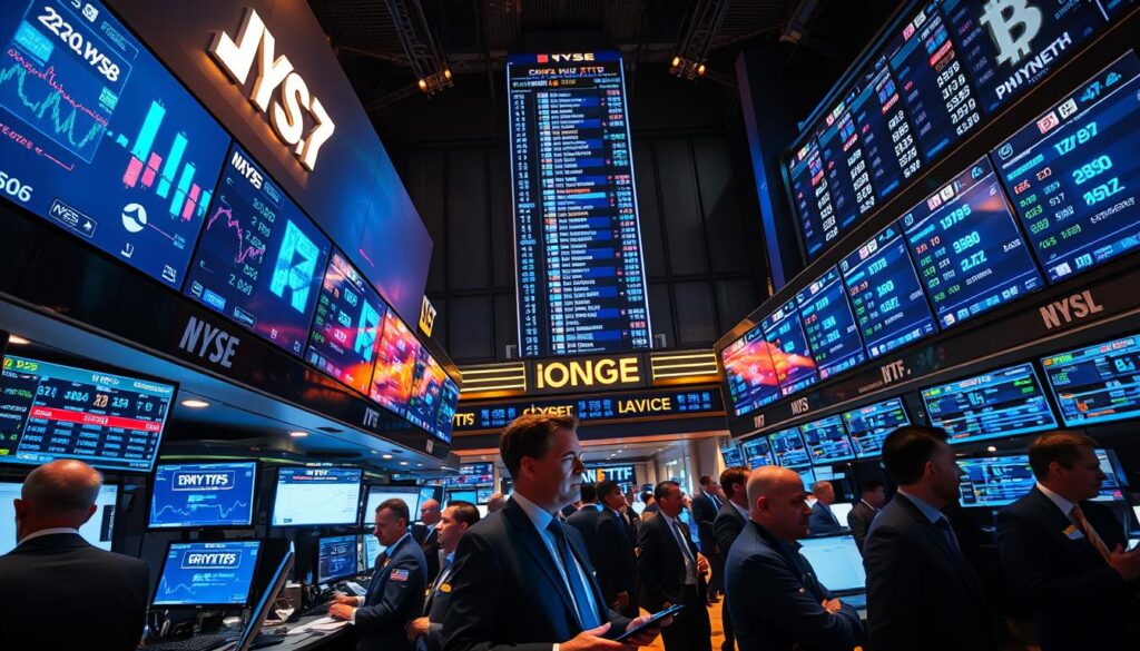 A bustling trading floor, alive with the dynamic interplay of crypto ETF transactions. Gleaming displays showcase live market data, casting a warm glow across the room. Traders, clad in crisp suits, navigate the intricacies of order matching and portfolio rebalancing with focused intensity. In the background, a towering electronic ticker board flashes the latest cryptocurrency prices, keeping the pulse of this digital financial ecosystem. Soft, directional lighting accentuates the sleek, modern aesthetic, conveying a sense of technological sophistication and market fluidity. The scene captures the essence of how crypto ETFs operate, a seamless integration of digital assets and traditional investment mechanisms.
