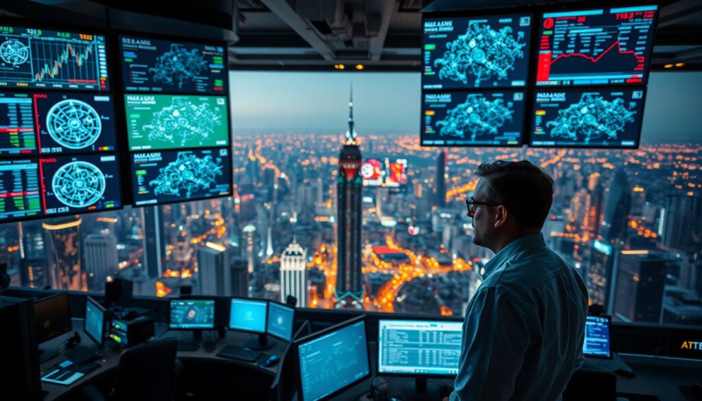 A bustling trading floor illuminated by the soft glow of multiple screens, displaying a tapestry of real-time data and complex algorithms. In the foreground, a trader intently scrutinizes a variety of AI-driven trading strategies, each represented by intricate neural network diagrams. The middle ground features an array of sleek, futuristic trading terminals, their displays showcasing the interplay of market trends, volatility, and automated decision-making. In the background, a panoramic view of a sprawling cityscape, symbolizing the global scope of the financial markets. The scene exudes an air of precision, efficiency, and the seamless integration of human expertise and machine learning. A bustling trading floor illuminated by the soft glow of multiple screens, displaying a tapestry of real-time data and complex algorithms. In the foreground, a trader intently scrutinizes a variety of AI-driven trading strategies, each represented by intricate neural network diagrams. The middle ground features an array of sleek, futuristic trading terminals, their displays showcasing the interplay of market trends, volatility, and automated decision-making. In the background, a panoramic view of a sprawling cityscape, symbolizing the global scope of the financial markets. The scene exudes an air of precision, efficiency, and the seamless integration of human expertise and machine learning.