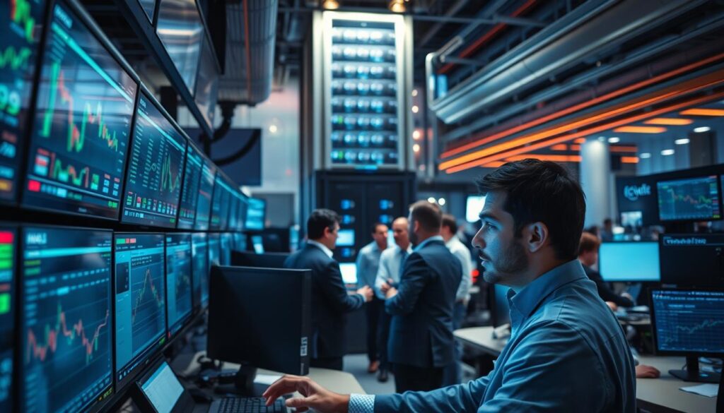 A bustling trading floor with a focus on risk management. In the foreground, a trader intently studies market data displayed on multiple high-resolution screens, their face illuminated by the soft glow. In the middle ground, a team of analysts collaborates, discussing strategies and monitoring risk exposure. The background features a towering data center, its banks of servers humming with computational power, providing the real-time insights necessary for effective market making. The scene is bathed in a cool, blue-tinged lighting, conveying a sense of precision and control amid the dynamic market environment.