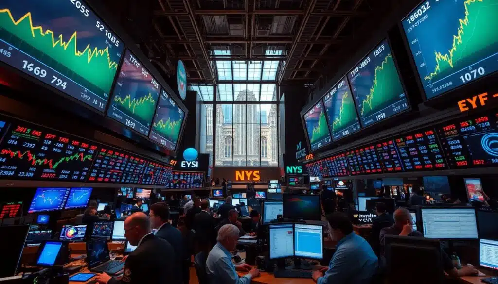 A bustling trading floor, with brokers and analysts intently studying data displays and charts. Pulsing LED screens showcase the dynamic flow of ETF transactions, with upward and downward arrows conveying the ebbs and flows of the market. The lighting is a mix of warm and cool tones, casting an intense, focused atmosphere. In the background, a cityscape skyline can be seen through floor-to-ceiling windows, hinting at the global scale of the financial markets. The camera angle is slightly elevated, providing a panoramic view of the trading activity, capturing the complexity and intensity of the ETF market dynamics.