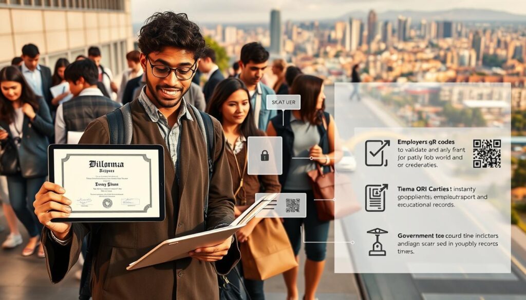 A bustling university campus, with students and faculty engaged in credential verification using blockchain technology. In the foreground, a student presents their digital diploma on a sleek, modern tablet, while an administrator verifies its authenticity using a secure blockchain-based platform. The middle ground showcases various use cases, such as employers scanning QR codes to instantly validate job applicants' credentials, and government officials securely accessing educational records. The background depicts a cityscape, symbolizing the real-world impact of this innovative technology, with skyscrapers and transport hubs in the distance. Warm, natural lighting casts a sense of progress and collaboration, highlighting the seamless integration of blockchain-powered credential verification into everyday life.