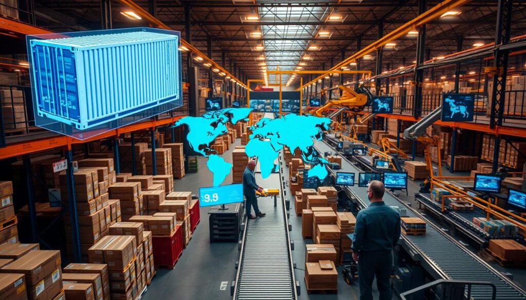 A bustling warehouse interior, bathed in warm industrial lighting. In the foreground, a holographic display showcases real-time tracking data for a shipping container, its location and status indicators updated in real-time. In the middle ground, workers monitor a bank of screens displaying live feed from IoT sensors across the supply chain. In the background, an intricate network of conveyor belts and robotic arms move packages efficiently. The scene conveys a sense of seamless integration between digital technology and physical logistics, enabling complete visibility and control over the supply chain.
