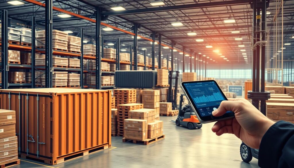 A bustling warehouse scene with a blockchain-powered supply chain tracking system. In the foreground, a cargo container is scanned by a mobile device, its digital ledger updating in real-time. The middle ground features stacks of pallets and forklifts maneuvering goods, their movements meticulously recorded on the blockchain. In the background, a network of interconnected computers and servers hum, processing the flow of data. Soft, warm lighting casts an efficient, technological atmosphere, while the overall composition conveys a sense of transparency, security, and traceability inherent to blockchain-based supply chain management.