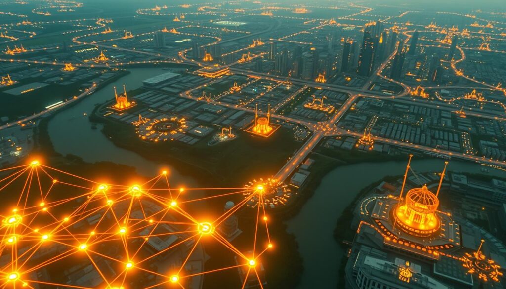 A captivating aerial view of a decentralized finance (DeFi) carbon market, with vibrant pools of liquidity flowing through a blockchain-powered ecosystem. In the foreground, a network of interconnected nodes representing smart contracts and decentralized applications, bathed in a warm, golden glow. The middle ground showcases a dynamic visual representation of token exchanges, trading volumes, and yield farming activities, all orchestrated by an intricate web of DeFi protocols. In the distance, a shimmering skyline of skyscrapers and renewable energy infrastructure, symbolizing the integration of traditional finance and the emerging carbon credit economy. The scene is captured with a cinematic wide-angle lens, evoking a sense of scale, complexity, and the transformative potential of DeFi in the carbon markets.
