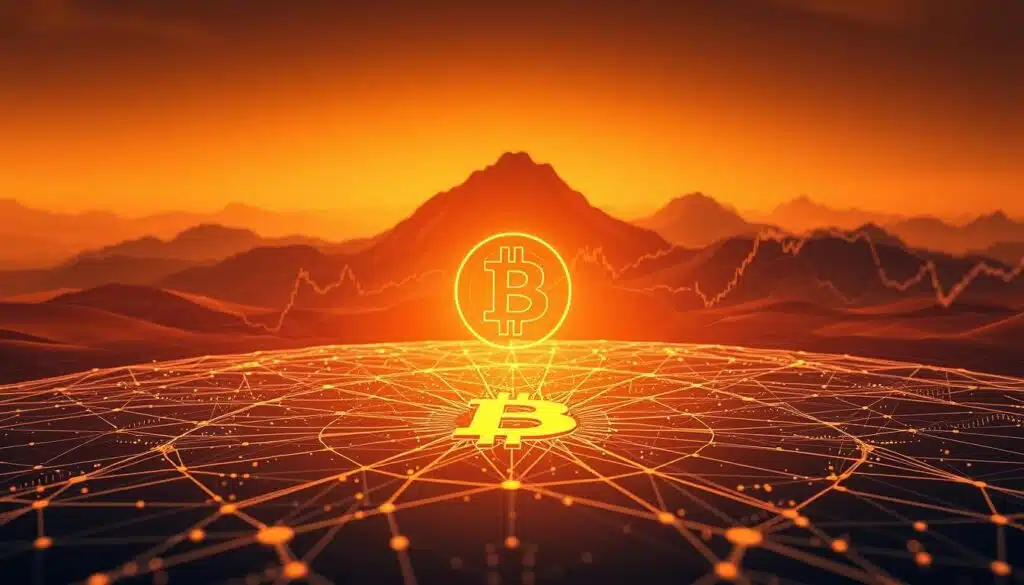 A captivating illustration of Bitcoin's supply-demand economics, captured with a cinematic lens. In the foreground, a intricate data visualization of the halving event's impact on cryptocurrency prices, rendered in a sleek, minimalist style. The middle ground features a stylized representation of the Bitcoin network, with interconnected nodes and transaction flows. In the background, a striking landscape of rising and falling price charts, evocative of the dynamic nature of the crypto market. The scene is illuminated by a warm, diffused lighting, creating a sense of depth and balance. The overall composition conveys the complex interplay between supply, demand, and investor strategies in the evolving world of digital currencies.
