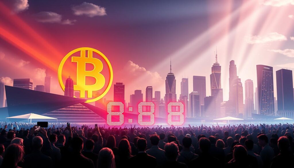 A captivating illustration of the historic Bitcoin halving event. Set against a sleek, futuristic cityscape, a giant Bitcoin logo dominates the skyline, casting a warm, golden glow over the scene. In the foreground, a crowd of cryptocurrency enthusiasts gathers excitedly, their eyes fixed on glowing digital displays that showcase the halving countdown. The lighting is dramatic, with rays of sunlight piercing through the skyline and reflecting off the shimmering, holographic elements. The overall atmosphere conveys a sense of anticipation and significance, underscoring the profound impact of this pivotal moment in the Bitcoin market cycle. A captivating illustration of the historic Bitcoin halving event. Set against a sleek, futuristic cityscape, a giant Bitcoin logo dominates the skyline, casting a warm, golden glow over the scene. In the foreground, a crowd of cryptocurrency enthusiasts gathers excitedly, their eyes fixed on glowing digital displays that showcase the halving countdown. The lighting is dramatic, with rays of sunlight piercing through the skyline and reflecting off the shimmering, holographic elements. The overall atmosphere conveys a sense of anticipation and significance, underscoring the profound impact of this pivotal moment in the Bitcoin market cycle.