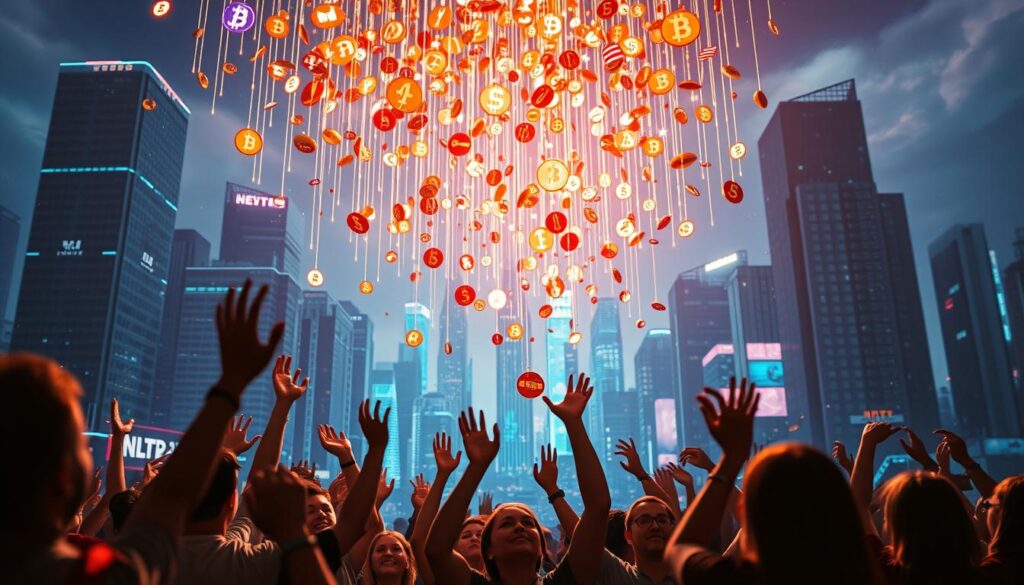 A captivating scene of NFT airdrops unfolding against a vibrant, futuristic backdrop. In the foreground, a cascade of digital tokens and currency symbols descend from the sky, casting a dazzling glow across the scene. In the middle ground, a group of eager individuals, their faces alight with excitement, raise their hands to catch the virtual bounty. The background features a cityscape of towering skyscrapers and holographic displays, conveying a sense of technological advancement and the growing prominence of the NFT ecosystem. The lighting is crisp and directional, creating dramatic shadows and highlights that add depth and dimensionality to the image. The overall mood is one of energy, anticipation, and the thrill of the NFT airdrop experience.