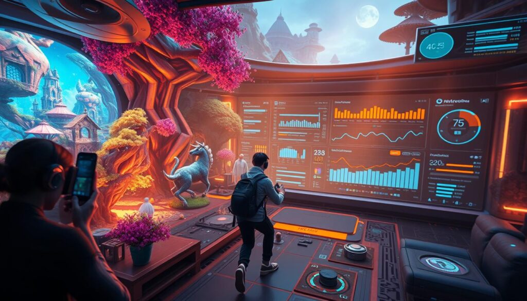 A captivating scene of enhanced user experience gameplay. In the foreground, an immersive virtual environment with vibrant, high-definition visuals. Intricate details and seamless interactions draw the user in, creating a sense of depth and realism. The middle ground features a player intuitively navigating through the game, their movements fluid and responsive, enhanced by intuitive controls and smooth animations. In the background, a sleek, futuristic interface showcases real-time data and performance metrics, empowering the user with valuable insights. Soft, warm lighting illuminates the scene, creating a welcoming and engaging atmosphere. The overall composition conveys a harmonious balance between technology and user experience, inspiring a sense of wonder and excitement. A captivating scene of enhanced user experience gameplay. In the foreground, an immersive virtual environment with vibrant, high-definition visuals. Intricate details and seamless interactions draw the user in, creating a sense of depth and realism. The middle ground features a player intuitively navigating through the game, their movements fluid and responsive, enhanced by intuitive controls and smooth animations. In the background, a sleek, futuristic interface showcases real-time data and performance metrics, empowering the user with valuable insights. Soft, warm lighting illuminates the scene, creating a welcoming and engaging atmosphere. The overall composition conveys a harmonious balance between technology and user experience, inspiring a sense of wonder and excitement.
