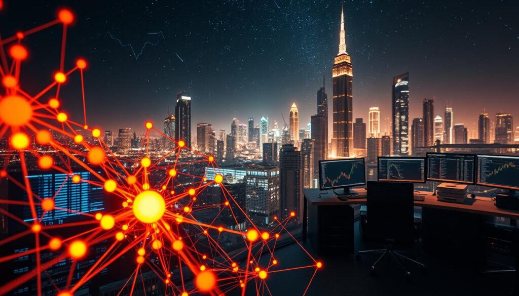 A captivating visualization of deep learning fundamentals for crypto trading. In the foreground, a complex neural network diagram showcases intricate connections, with nodes pulsing with energy. Surrounding it, a futuristic cityscape of towering skyscrapers and glowing data centers, bathed in a warm, amber glow. In the middle ground, a trader's workstation, with multiple displays visualizing market data and algorithmic trading patterns. The background features a starry night sky, hinting at the vast, interconnected nature of the crypto markets. The scene is captured through a wide-angle lens, creating a sense of depth and scale, and lit by a combination of natural and artificial lighting, casting dramatic shadows and highlights. The overall mood is one of innovation, complexity, and the seamless integration of advanced technology in the world of crypto trading. A captivating visualization of deep learning fundamentals for crypto trading. In the foreground, a complex neural network diagram showcases intricate connections, with nodes pulsing with energy. Surrounding it, a futuristic cityscape of towering skyscrapers and glowing data centers, bathed in a warm, amber glow. In the middle ground, a trader's workstation, with multiple displays visualizing market data and algorithmic trading patterns. The background features a starry night sky, hinting at the vast, interconnected nature of the crypto markets. The scene is captured through a wide-angle lens, creating a sense of depth and scale, and lit by a combination of natural and artificial lighting, casting dramatic shadows and highlights. The overall mood is one of innovation, complexity, and the seamless integration of advanced technology in the world of crypto trading.