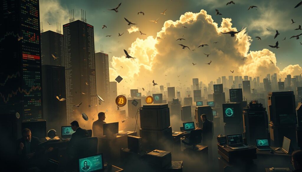 A chaotic landscape of fluctuating cryptocurrencies, with towering digital ledgers casting long shadows across a turbulent market. In the foreground, a central cryptocurrency icon sways erratically, surrounded by a swirling vortex of volatile price charts and risk indicators. The middle ground features a cluster of investors monitoring trading screens, their expressions a mix of anxiety and uncertainty. In the background, a hazy cloud of risk factors looms ominously, its edges flickering with the uncertain nature of the cryptoverse. Dramatic lighting casts dramatic contrasts, emphasizing the high-stakes, unpredictable nature of navigating cryptocurrency volatility and market risks.