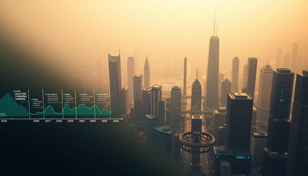 A cinematic, wide-angle shot capturing the evolution of crypto lending. In the foreground, a cascading timeline of key milestones, from the emergence of P2P lending platforms to the rise of decentralized protocols. In the middle ground, a dynamic visualization of lending volume and adoption over the years, represented by stylized data visualizations and charts. In the background, a hazy, futuristic cityscape of skyscrapers and blockchain nodes, illuminated by a warm, golden light that conveys a sense of progress and innovation. The overall scene should evoke a feeling of the crypto lending industry's transformative journey, from its humble beginnings to its current state-of-the-art advancements.