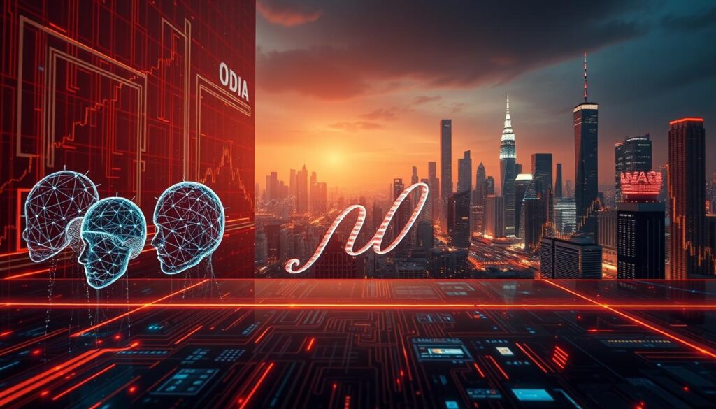 A cinematic wide-angle view of the evolution of AI trading algorithms, showcasing a progression from simple linear models to increasingly complex and adaptive deep learning systems. The foreground depicts a series of algorithmic visualizations, each one more intricate and dynamic than the last, against a backdrop of glowing data streams and circuits. The middle ground features abstract representations of market trends and economic indicators, pulsing with energy. In the distant background, a futuristic cityscape with towering skyscrapers and holographic displays hints at the integration of these advanced trading systems into the fabric of the modern financial world. Warm lighting and a dramatic color palette evoke a sense of innovation, power, and the boundless potential of AI-driven trading.