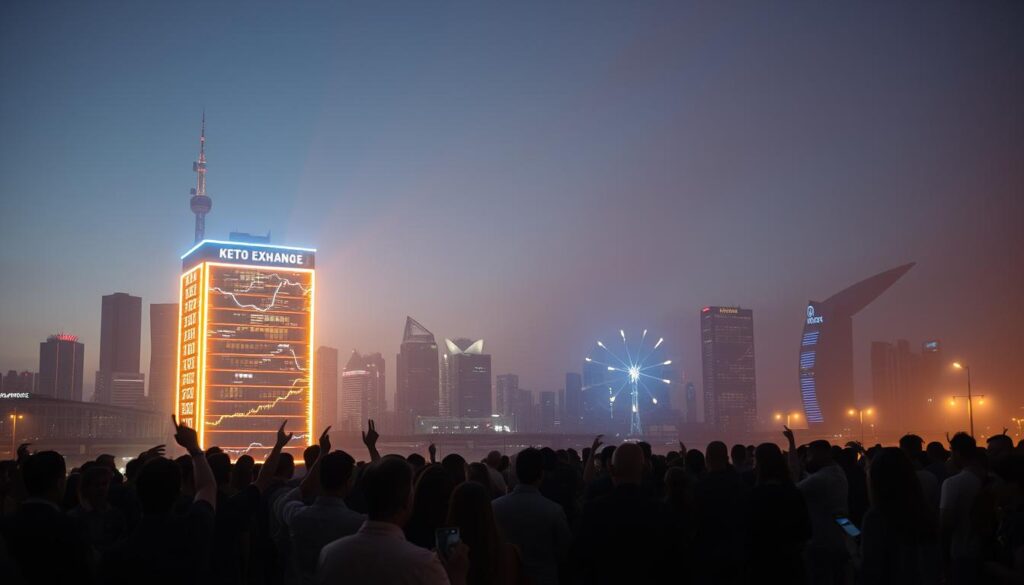 A cityscape at dusk, with the silhouettes of skyscrapers and a glowing neon-lit crypto exchange in the foreground. In the middle ground, a crowd of people are gathered, some gesturing animatedly, others intently studying their mobile devices. The background is hazy, with a sense of uncertainty and anticipation. Beams of light from the exchange's holographic display cast a warm glow, symbolizing the potential impact of regulatory clarity on crypto adoption. The scene conveys a sense of excitement, as the crowd navigates the evolving landscape of the digital asset market. A cityscape at dusk, with the silhouettes of skyscrapers and a glowing neon-lit crypto exchange in the foreground. In the middle ground, a crowd of people are gathered, some gesturing animatedly, others intently studying their mobile devices. The background is hazy, with a sense of uncertainty and anticipation. Beams of light from the exchange's holographic display cast a warm glow, symbolizing the potential impact of regulatory clarity on crypto adoption. The scene conveys a sense of excitement, as the crowd navigates the evolving landscape of the digital asset market.