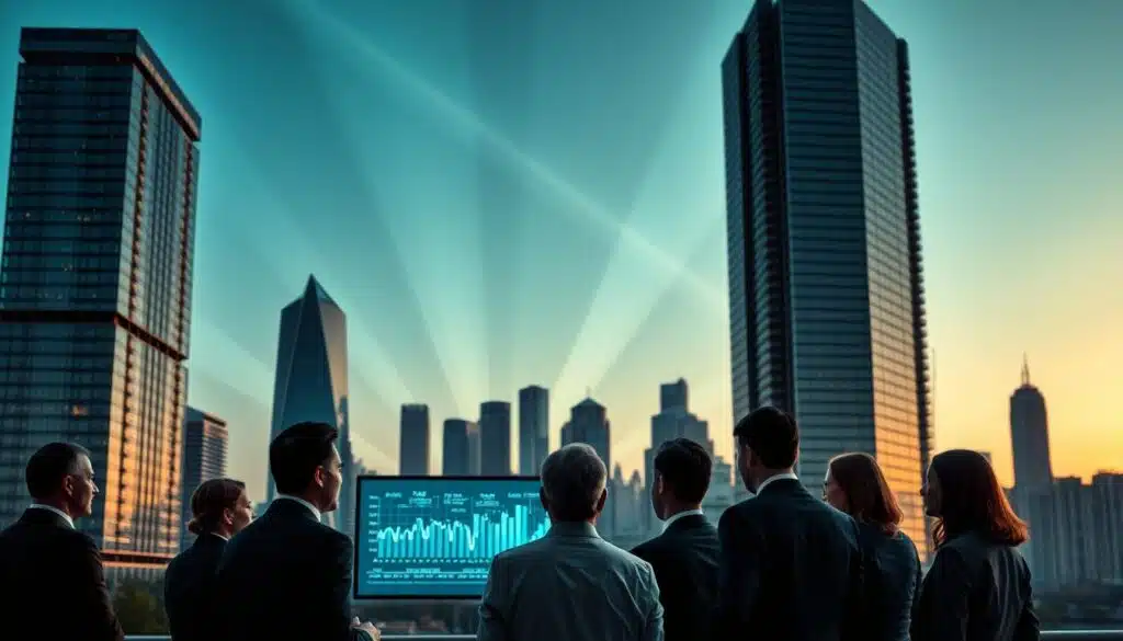 A cityscape at dusk, with towering skyscrapers and sleek modern architecture. In the foreground, a group of businesspeople in formal attire engage in discussion, their expressions serious as they consider the implications of regulatory policies. The middle ground features a digital display projecting complex charts and graphs, visualizing the changing landscape of the financial sector. In the background, subtle rays of light pierce through the skyline, creating a sense of transformation and evolution. The overall atmosphere conveys a sense of contemplation and adaptation to the shifting regulatory environment.
