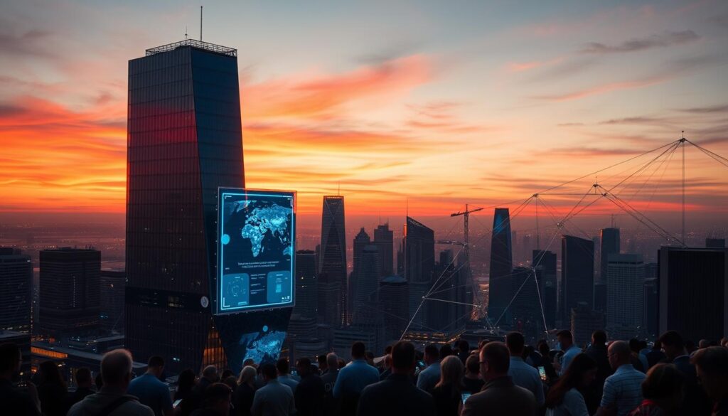 A cityscape at twilight, the sky ablaze with hues of orange and purple. In the foreground, a futuristic glass and steel skyscraper towers, its facade adorned with holographic displays showcasing a sleek NFT loyalty program interface. In the middle ground, a crowd of people interacts with their smartphones, their faces illuminated by the digital displays. In the background, a network of interconnected platforms and digital infrastructure weaves a tapestry of technological evolution. The scene conveys a sense of progress, innovation, and the transformation of traditional marketing strategies through the integration of NFT-based loyalty programs. A cityscape at twilight, the sky ablaze with hues of orange and purple. In the foreground, a futuristic glass and steel skyscraper towers, its facade adorned with holographic displays showcasing a sleek NFT loyalty program interface. In the middle ground, a crowd of people interacts with their smartphones, their faces illuminated by the digital displays. In the background, a network of interconnected platforms and digital infrastructure weaves a tapestry of technological evolution. The scene conveys a sense of progress, innovation, and the transformation of traditional marketing strategies through the integration of NFT-based loyalty programs.