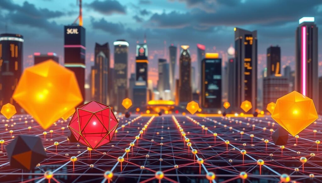 A cityscape of a blockchain network, showcasing nodes in a Practical Byzantine Fault Tolerance (pBFT) consensus mechanism. In the foreground, three-dimensional geometric shapes representing validator nodes, each glowing with a distinct color. The middle ground features a grid-like network of interconnected lines, symbolizing the communication between nodes. In the background, a futuristic metropolis with towering skyscrapers and a vibrant, neon-lit skyline, alluding to the decentralized and distributed nature of the blockchain. The scene is illuminated by a warm, ambient lighting, creating a serene and technological atmosphere, reflecting the reliability and security of the pBFT consensus protocol. A cityscape of a blockchain network, showcasing nodes in a Practical Byzantine Fault Tolerance (pBFT) consensus mechanism. In the foreground, three-dimensional geometric shapes representing validator nodes, each glowing with a distinct color. The middle ground features a grid-like network of interconnected lines, symbolizing the communication between nodes. In the background, a futuristic metropolis with towering skyscrapers and a vibrant, neon-lit skyline, alluding to the decentralized and distributed nature of the blockchain. The scene is illuminated by a warm, ambient lighting, creating a serene and technological atmosphere, reflecting the reliability and security of the pBFT consensus protocol.