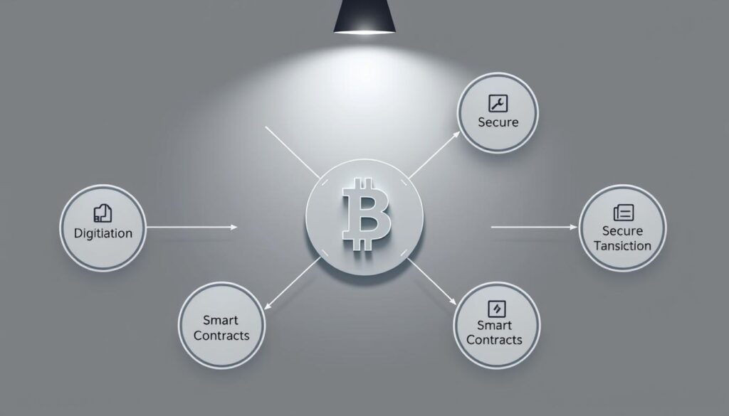 A clean, minimalist illustration depicting the key stages of blockchain implementation for real estate title management. A central, stylized blockchain icon surrounded by five circular nodes representing the core steps: 1) Data Digitization, 2) Consensus Mechanism, 3) Smart Contracts, 4) Immutable Record, 5) Secure Transactions. The nodes connected by clean lines, with subtle shadows and a soft, neutral color palette to convey professionalism and technical sophistication. Overhead studio lighting casts a gentle glow, emphasizing the modern, cutting-edge nature of the technology. The composition is balanced, easy to follow, and optimized for clear visualization within the article's section on effective blockchain solutions.