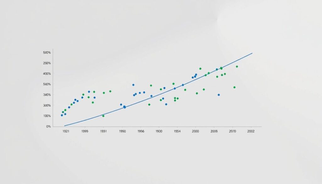A clean, minimalistic statistical analysis chart displaying multiple colored scatter plots and trend lines, highlighting the correlation between different data sets. The chart is rendered with a muted, professional color palette, using shades of grey, blue, and green. The background is a smooth, neutral gradient, creating a clean and focused composition. The chart elements are laid out in a symmetrical, balanced arrangement, emphasizing the visual communication of the statistical relationships. Subtle lighting from the top-left casts soft shadows, adding depth and dimensionality to the scene. The overall mood is one of analytical clarity and scientific precision.