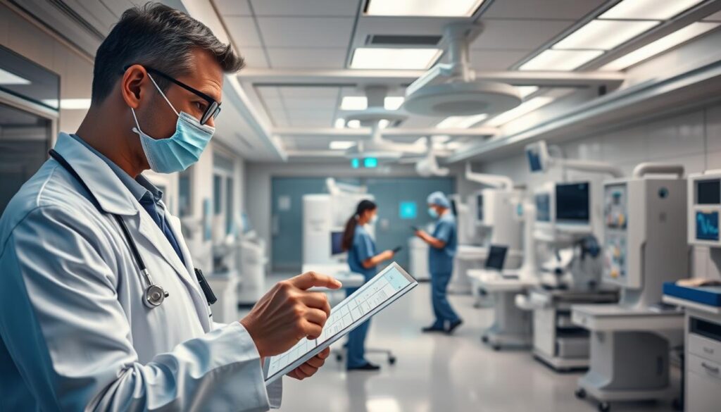 A clean, modern medical facility with cutting-edge blockchain technology seamlessly integrated into the environment. In the foreground, a doctor carefully reviewing patient records on a secure, digital dashboard, their expression conveying the importance of data privacy. In the middle ground, nurses and staff members working diligently, their movements choreographed to maintain efficiency and compliance. The background showcases advanced medical equipment and infrastructure, all designed to ensure the highest standards of healthcare data management. Soft, directional lighting illuminates the scene, creating a sense of professionalism and trust. The overall atmosphere is one of innovation, security, and unwavering commitment to patient well-being.