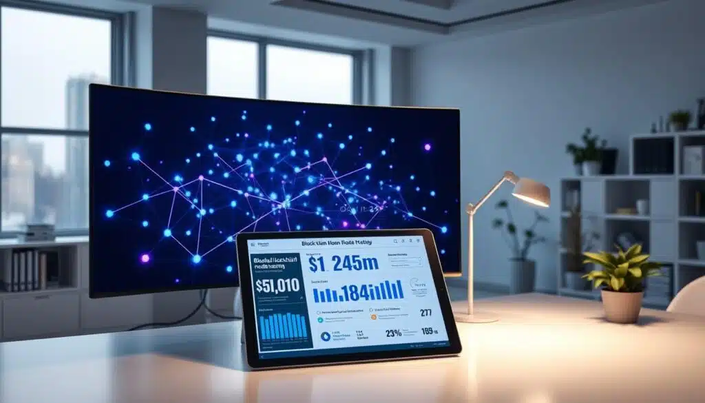 A clean, modern office interior with large windows overlooking a cityscape. In the foreground, a desktop computer displays a blockchain visualization, with nodes and connections glowing in shades of blue and purple. On the desk, a tablet showcases statistics and data related to blockchain node hosting benefits. The lighting is soft and indirect, creating a calm, professional atmosphere. The background features bookshelves, potted plants, and other minimalist decor, emphasizing the technological and analytical nature of the scene.